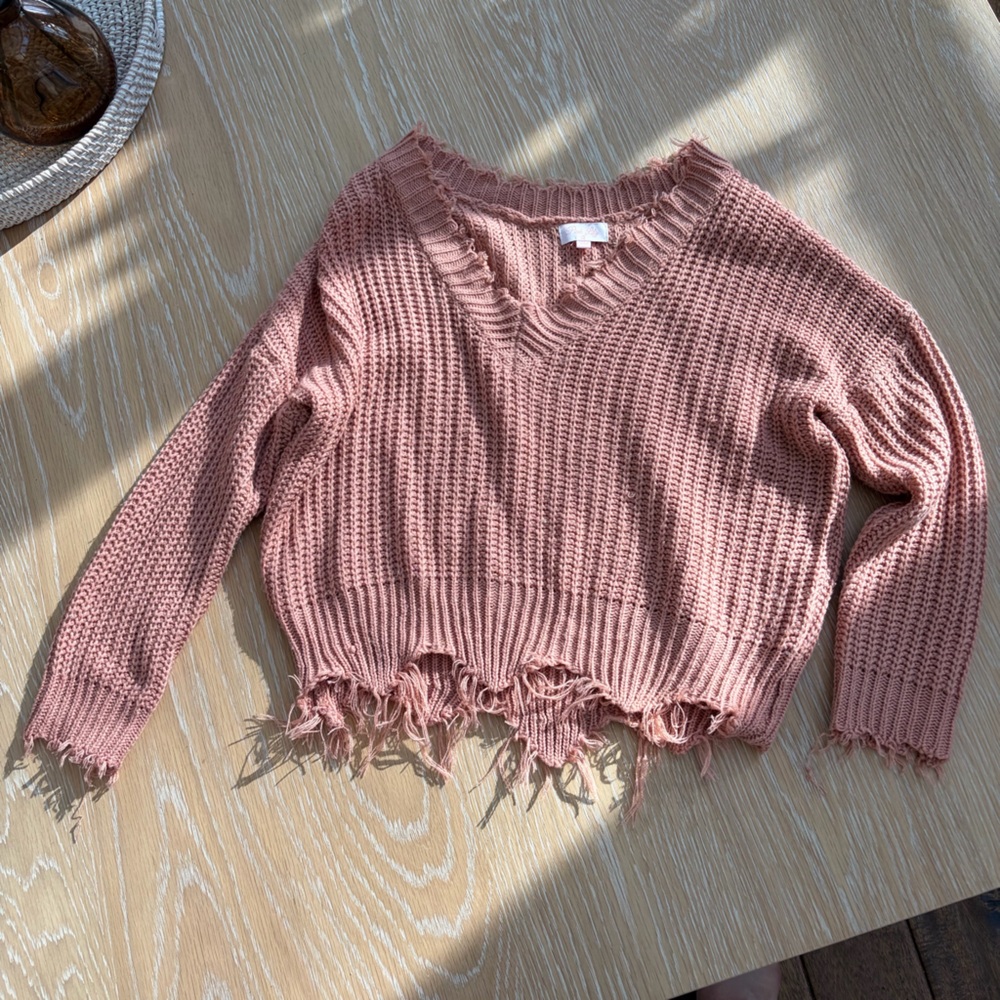 Pink Lily V-Neck Fringed Sweater in Dusty Pink